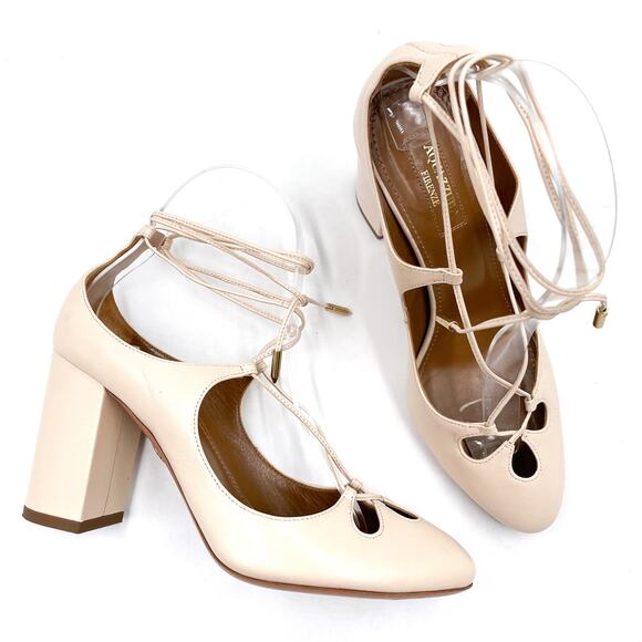 Aquazzura Dancer Pumps Ivory Leather Block Heel Lace-Up Ankle‎ Tie 36.5 / 6.5 US - Picture 1 of 10